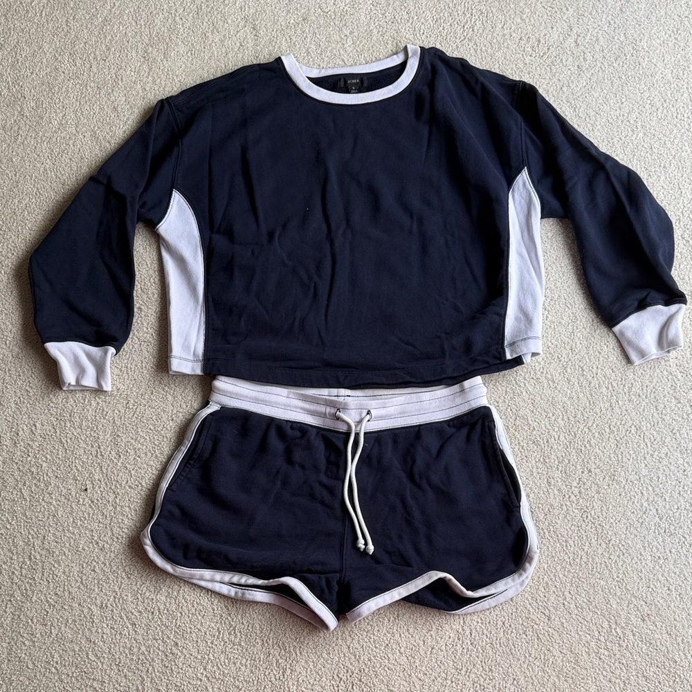 J. Crew sweatshirt and short set. Navy and white.